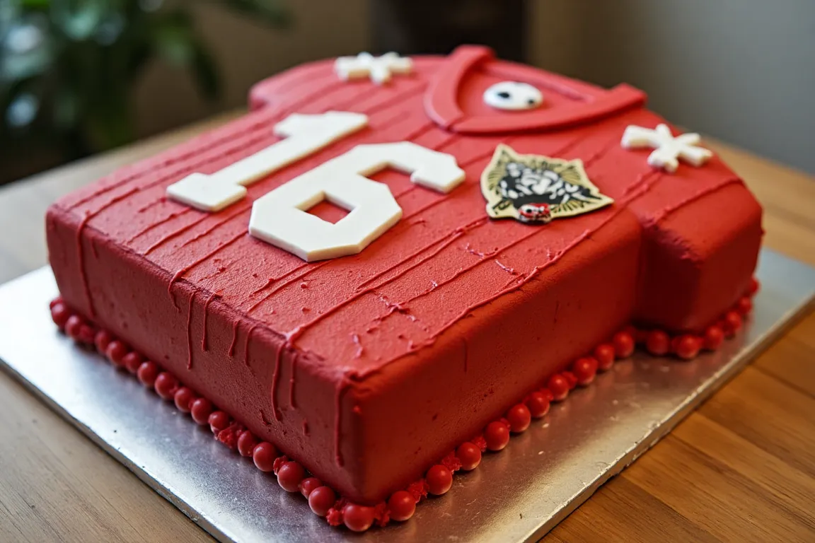 A rectangular cake shaped and decorated like a football jersey, featuring vibrant team colors, a player’s name, and a jersey number, displayed on a clean white surface.