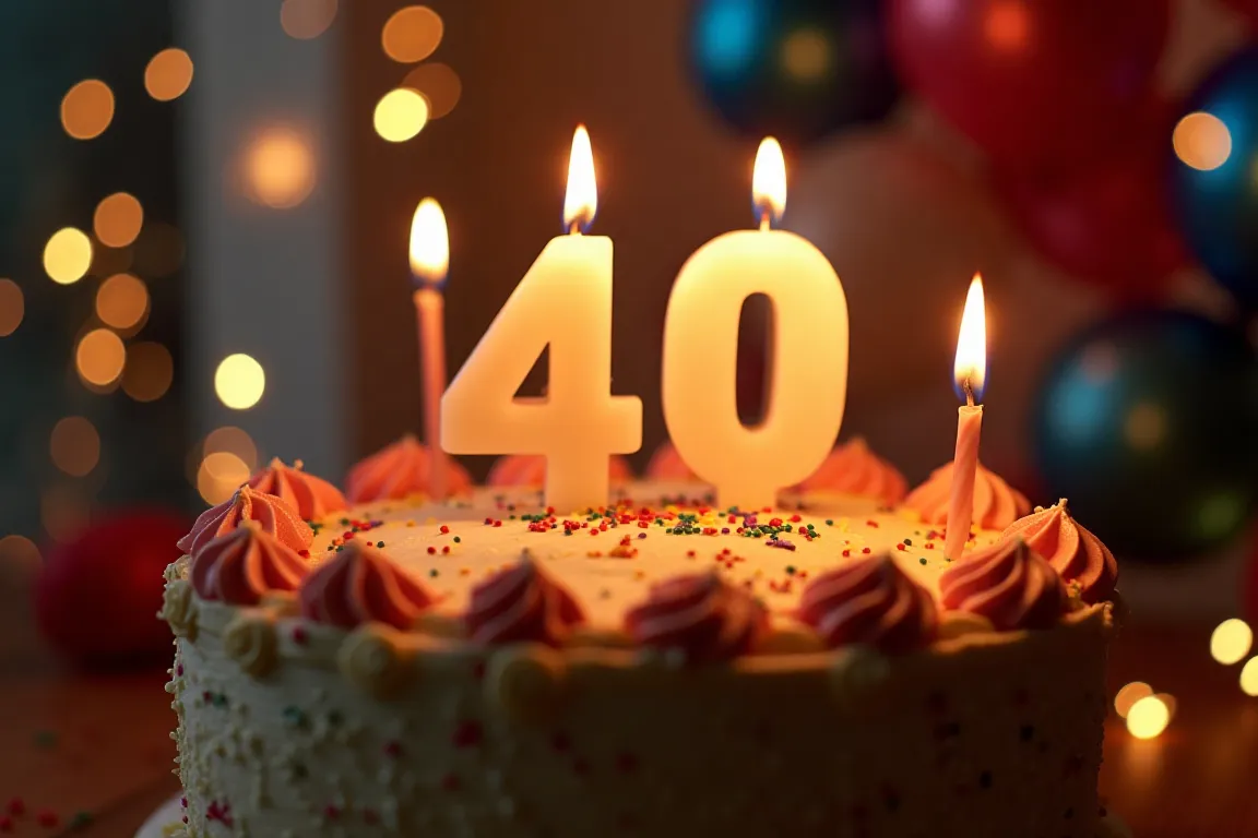 A close-up of a 40th birthday cake featuring elegant decorations, glowing candles, and a festive background with soft lighting.