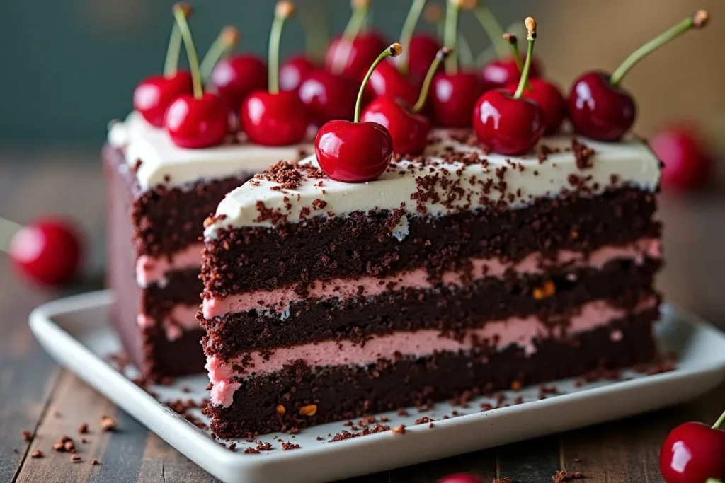 A beautifully layered Black Forest cake with chocolate sponge, whipped cream, maraschino cherries, and chocolate shavings on top, presented on a white plate.