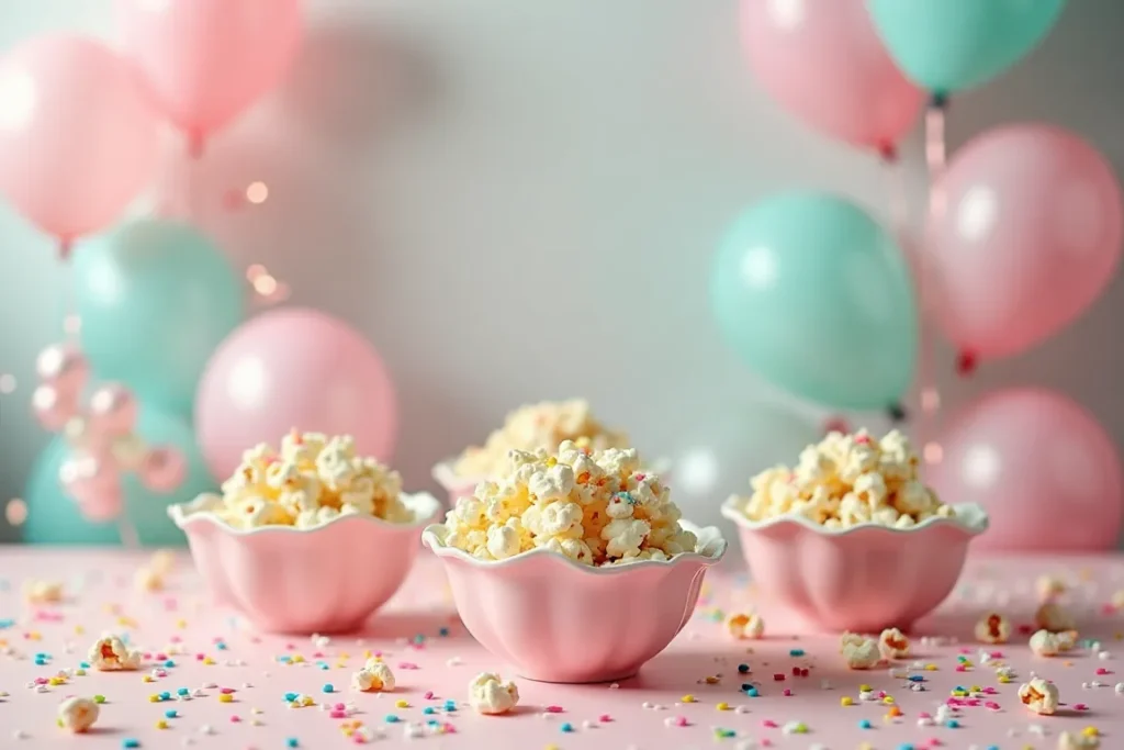 A colorful party table featuring bowls of birthday cake popcorn, decorated with mini marshmallows, gummy bears, and neon candy drizzle, surrounded by festive balloons, confetti, and party decorations.