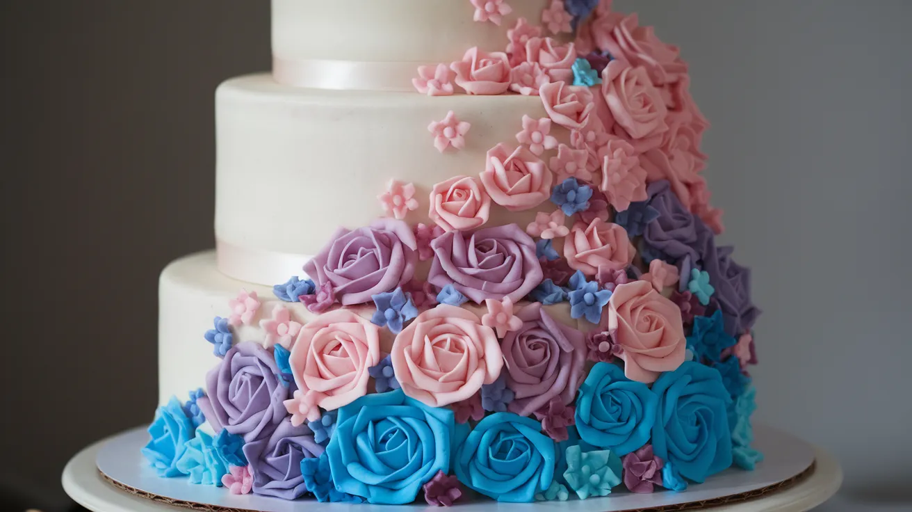 A multi-tiered white cake adorned with intricate fondant flowers in pastel shades of pink, purple, and blue cascading down its side, creating an elegant and colorful design.