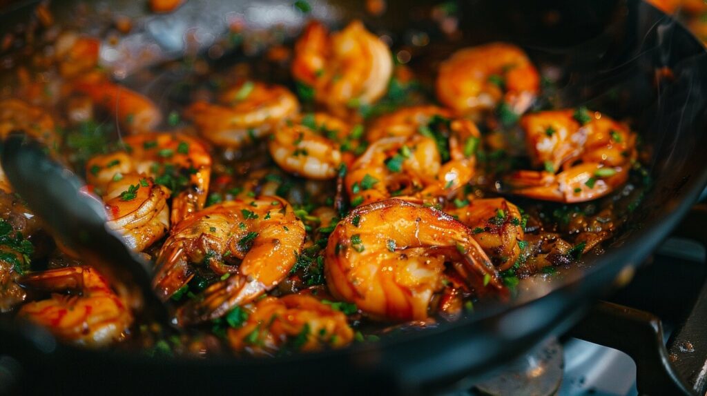 Shrimp being sautéed in a skillet with garlic and butter.