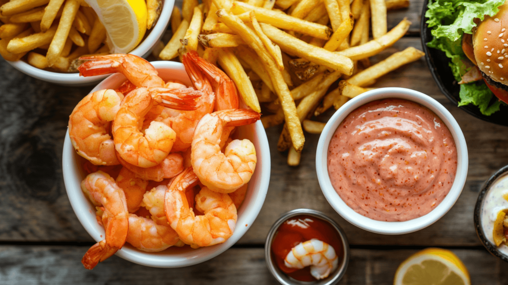 A bowl of pink ketchup and mayo dressing placed alongside French fries, a shrimp cocktail, and a burger.