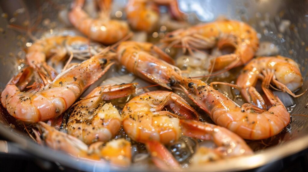 Shrimp being sautéed in a skillet with garlic and butter