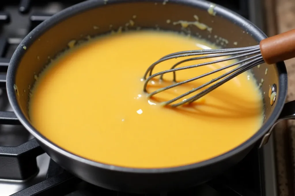 A pot of cheese sauce being whisked on a stovetop.