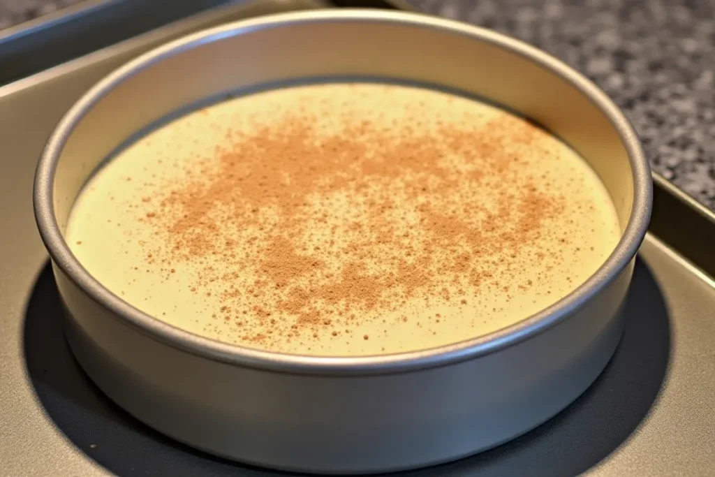 Churro cheesecake in a springform pan, ready for baking.