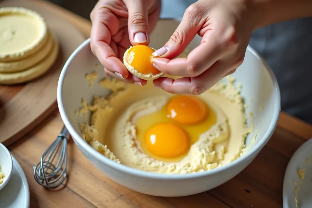 Egg being cracked into waffle batter with whisk on the side