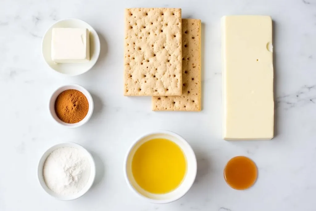 Ingredients for churro cheesecake displayed on a kitchen counter.