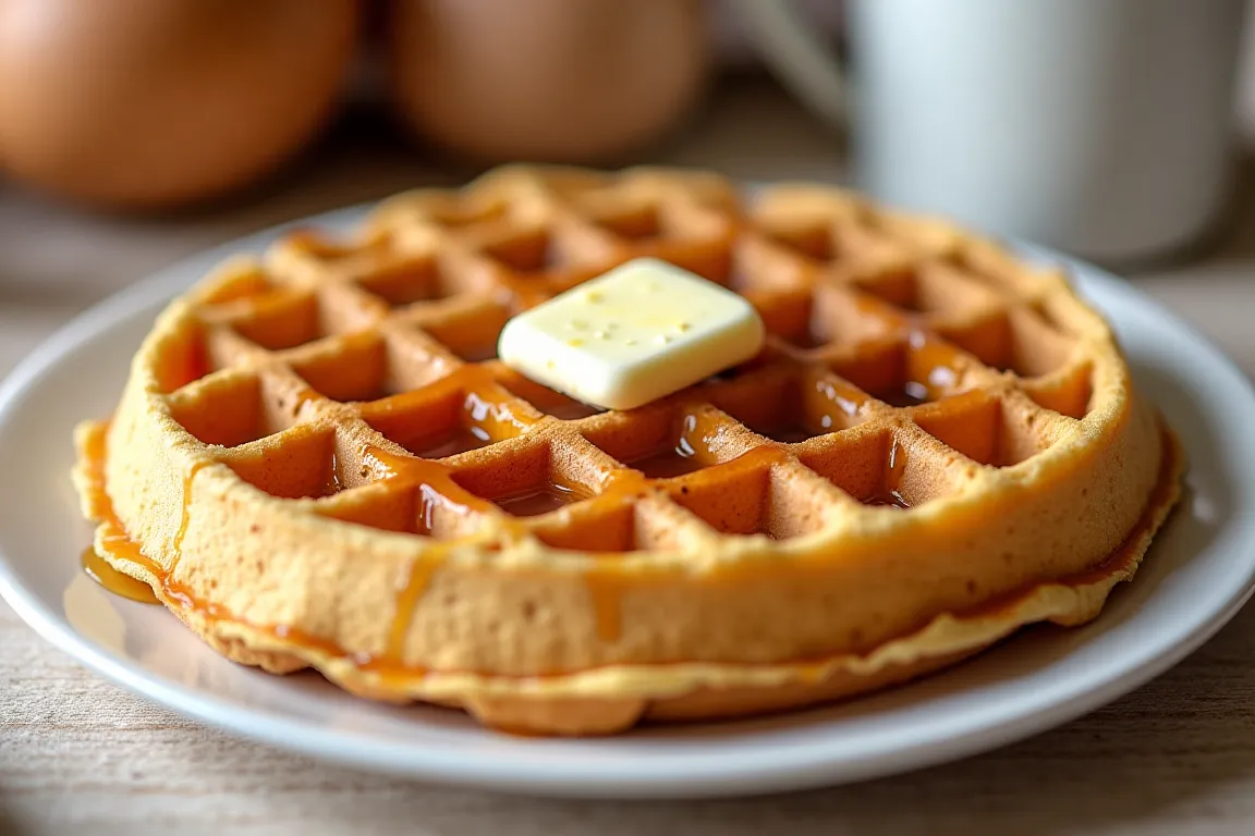 A golden waffle on a plate, topped with syrup and a pat of butter.