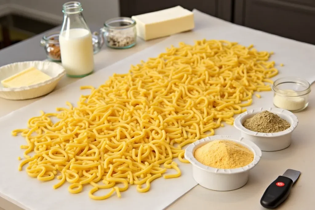  Ingredients for Tinis Mac and Cheese arranged on a countertop.