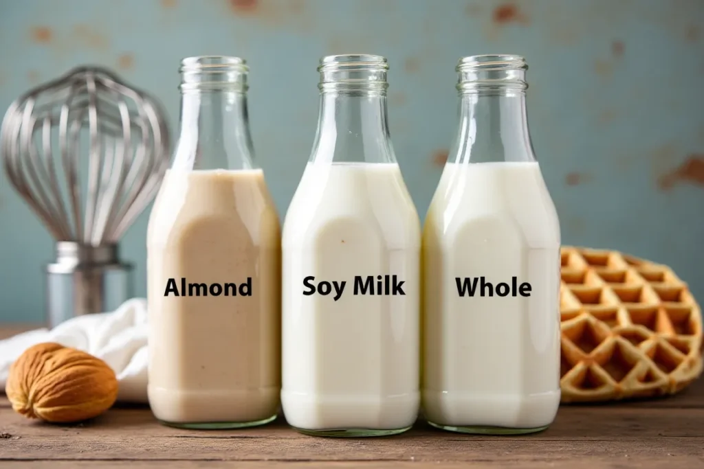  Different types of milk in glass bottles on a wooden table.