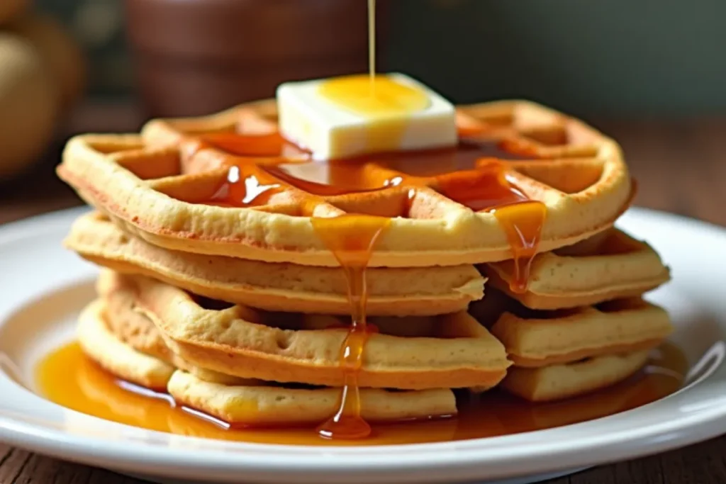 A stack of golden-brown Krusteaz waffles topped with butter and syrup.