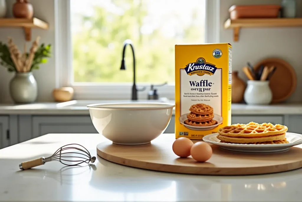  Ingredients and tools for making Krusteaz waffles, including the mix, eggs, and a whisk.