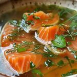 A steaming bowl of salmon broth with fresh herbs.