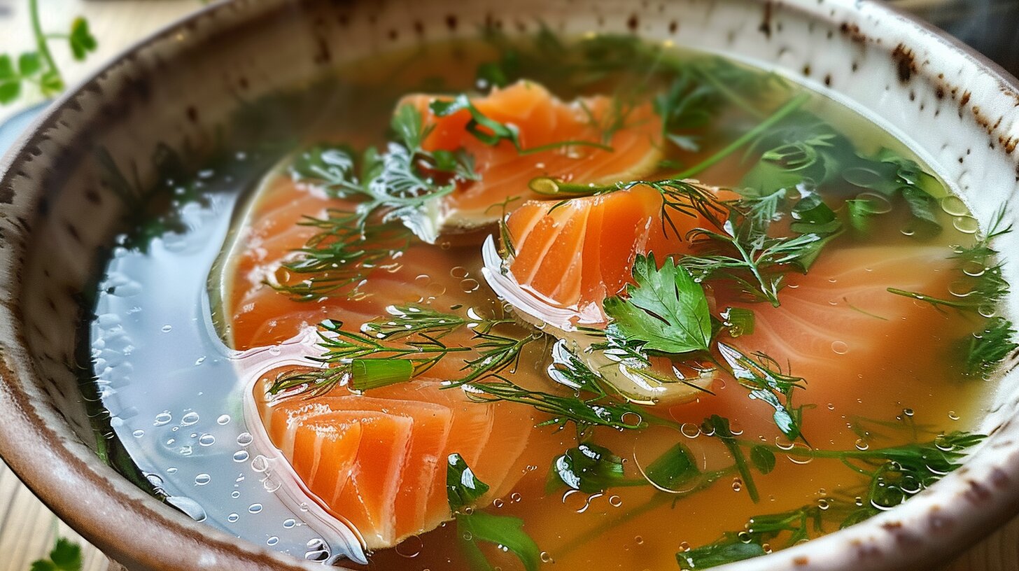 A steaming bowl of salmon broth with fresh herbs.