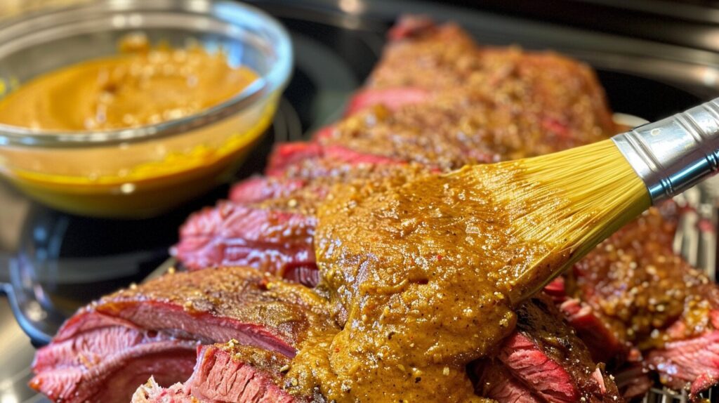 Mustard being applied to beef ribs with a brush.