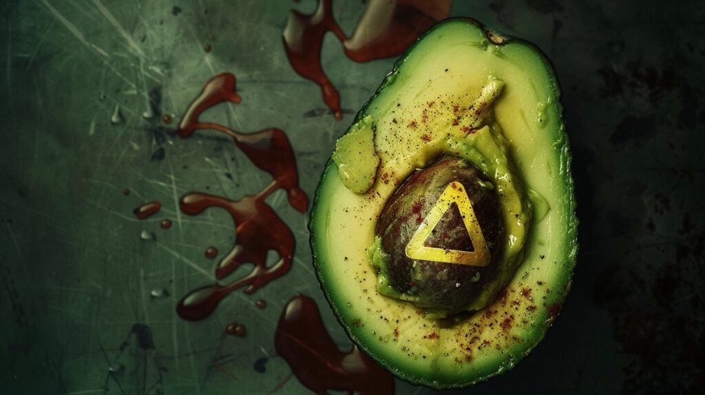 An avocado cut open, with the pit and skin highlighted as dangerous for chickens due to persin toxin.