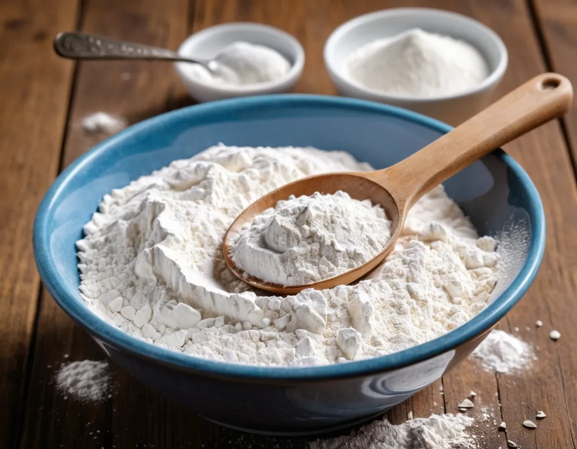 Baking powder in a bowl with a measuring spoon.