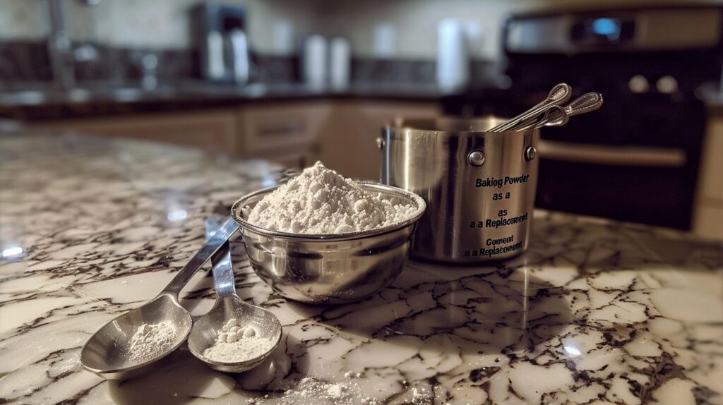 A teaspoon of baking powder beside a small bowl of flour and measuring spoons on a marble countertop.