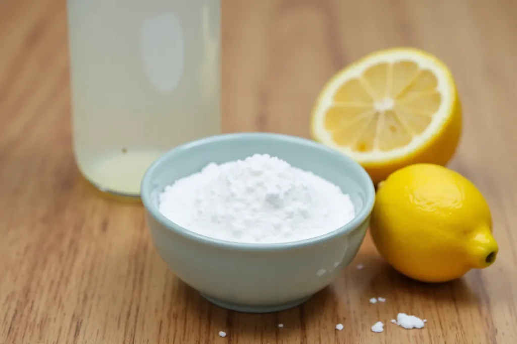 A small bowl of baking soda next to a lemon and a bottle of vinegar.