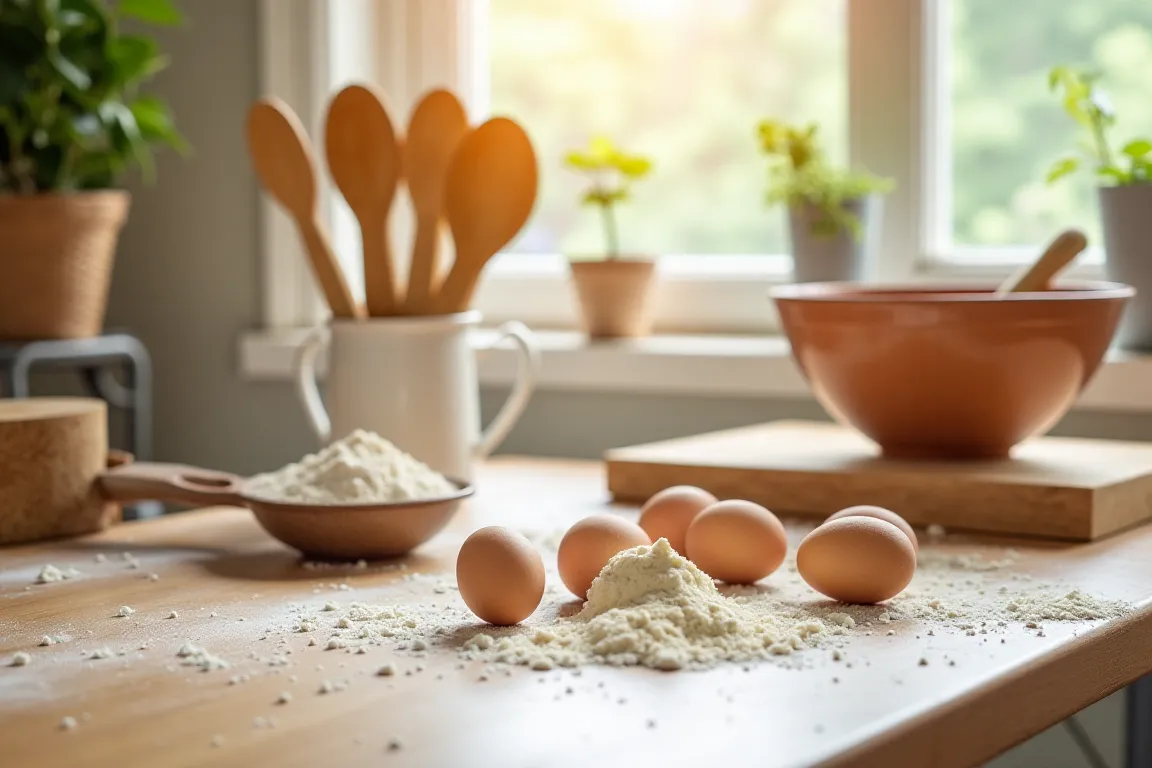 A kitchen counter with a bowl of flour, eggs, and measuring spoons, surrounded by common baking ingredients