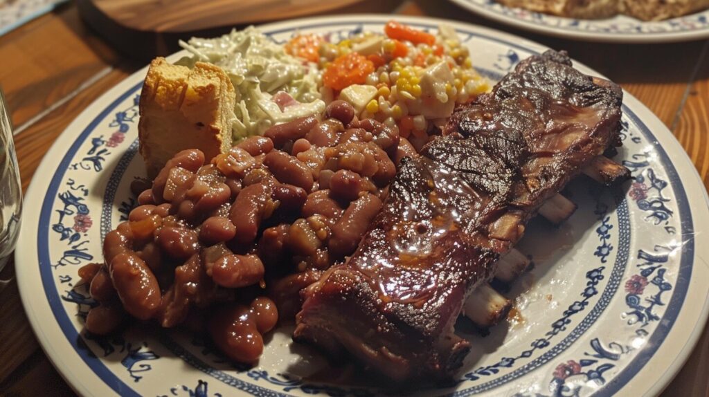 Beef country ribs served with classic barbecue sides.