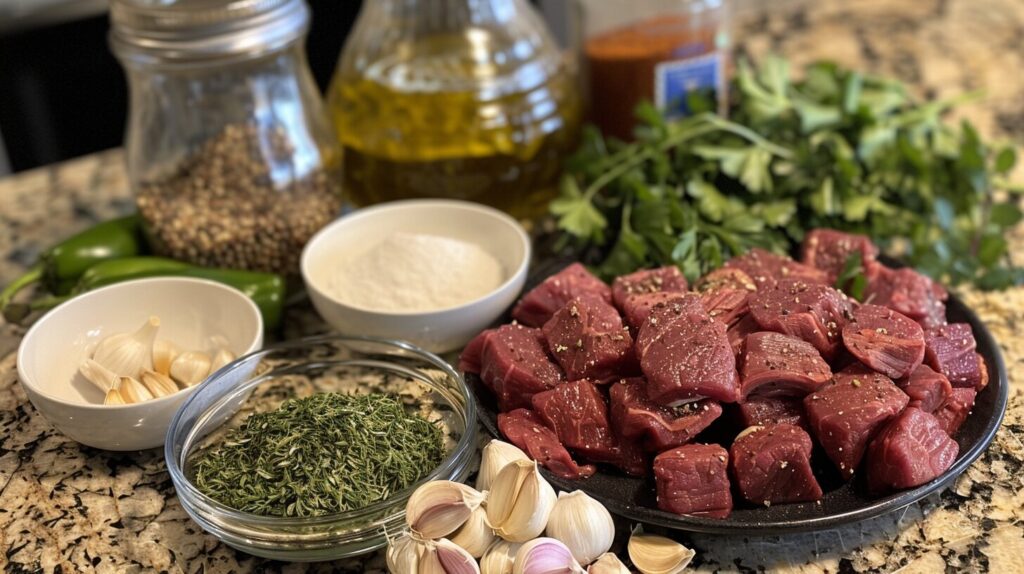 Raw beef tenderloin tips with herbs, garlic, and spices