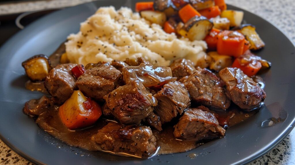 A plate of beef tenderloin tips served with mashed potatoes and roasted vegetables.