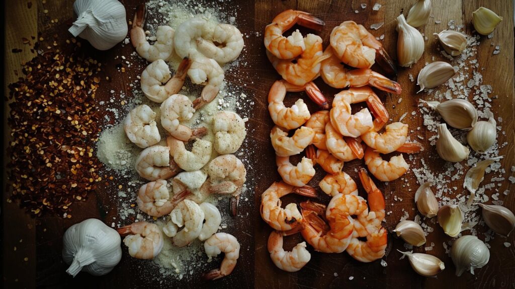 A visual of cooked shrimp and garlic cloves, symbolizing their health benefits like high protein and antioxidants.