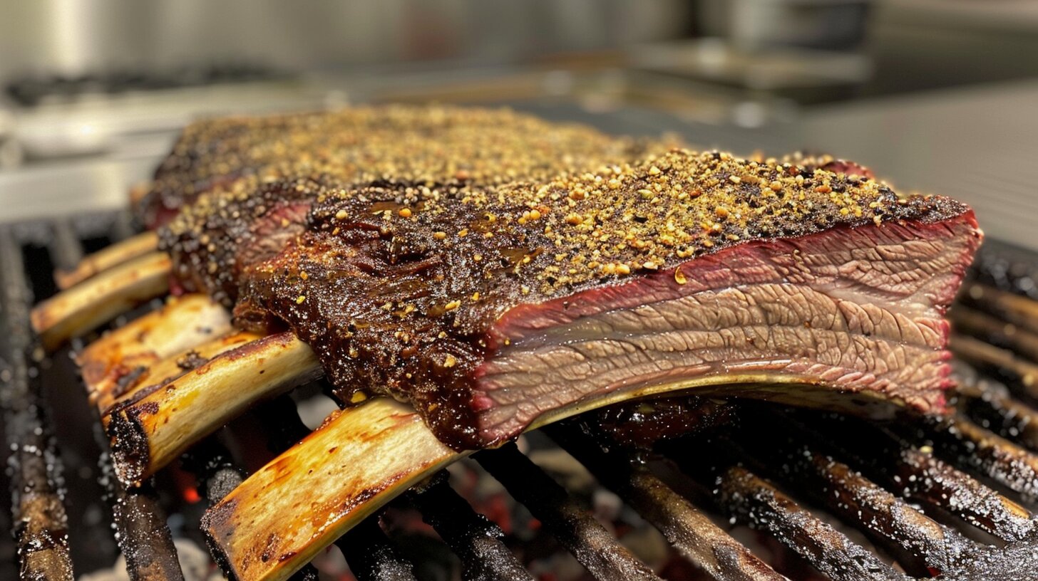 A rack of perfectly seasoned beef ribs on a grill.