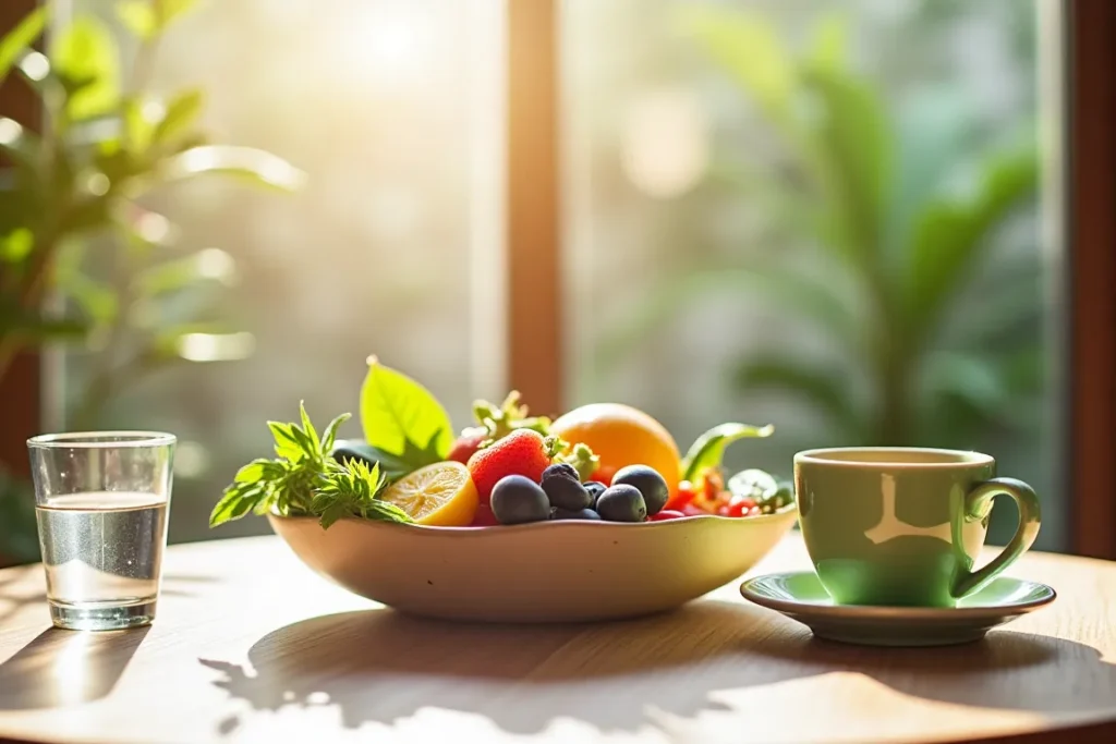 Variety of breakfast drinks on a table, including water, coffee, tea, and smoothies.