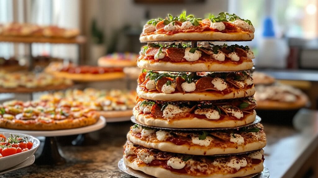 Tiered pizza stack at a birthday table.