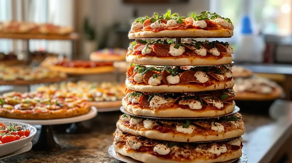 Tiered pizza stack at a birthday table.