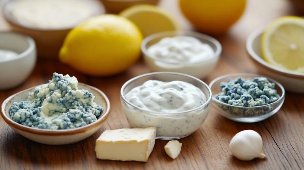 Ingredients for blue cheese dressing displayed on a wooden table.