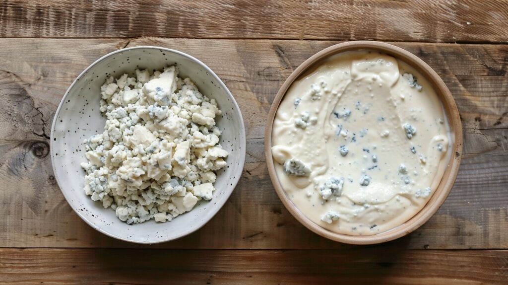 Blue cheese and dressing side by side for comparison.