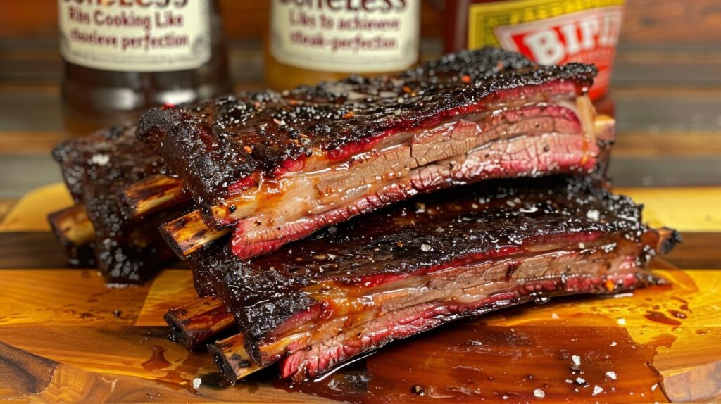 A sizzling piece of boneless beef rib being seared in a cast-iron skillet