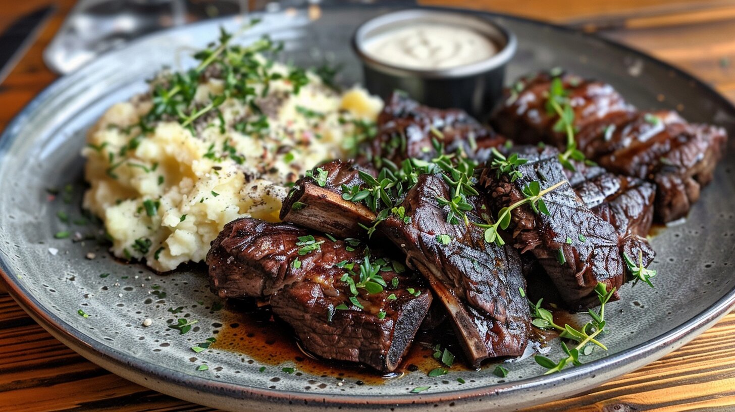 A plate of tender boneless short ribs garnished with herbs