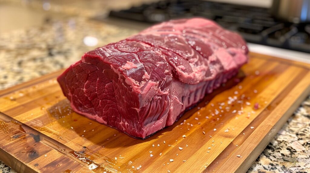 Raw chuck roast on a butcher's board.