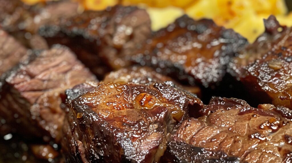 Close-up of cooked boneless short ribs.