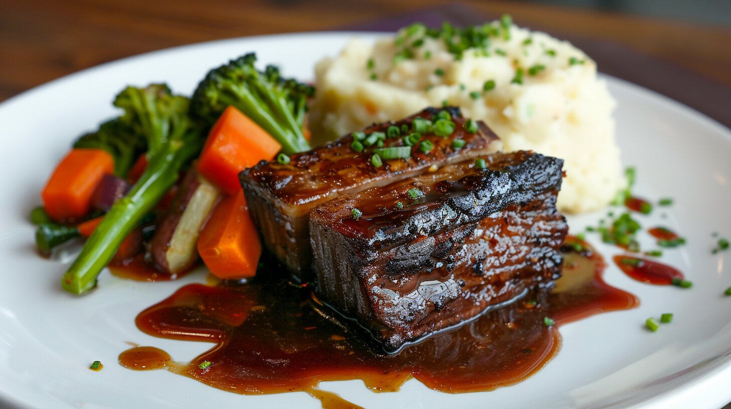 A plate of perfectly braised boneless short ribs served with mashed potatoes and vegetables.