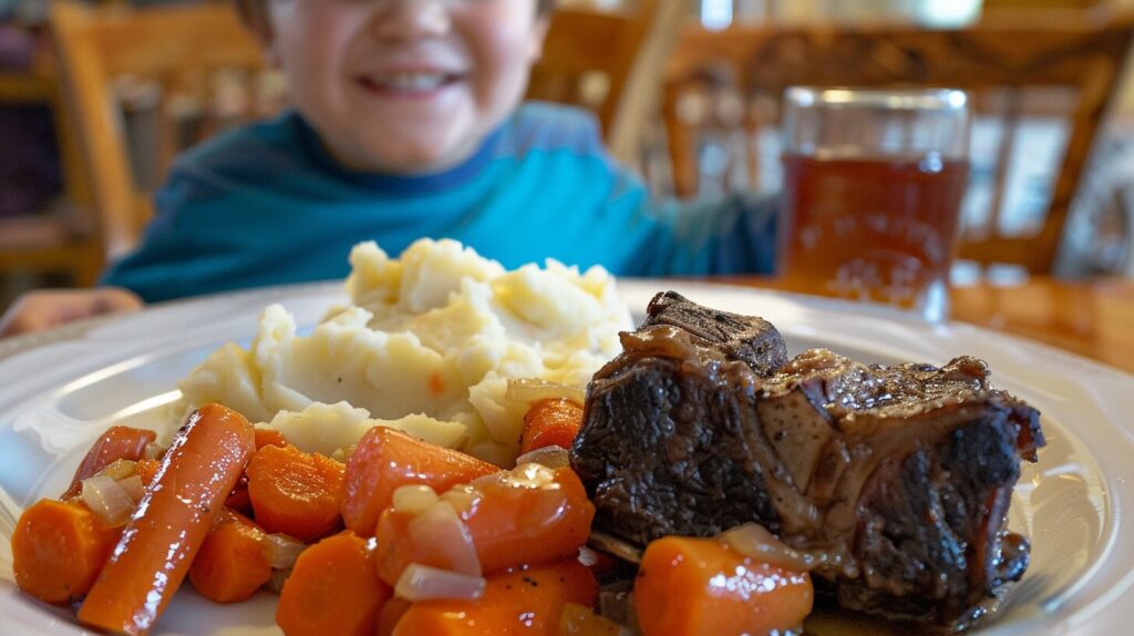 Braised short ribs plated with mashed potatoes and carrots.