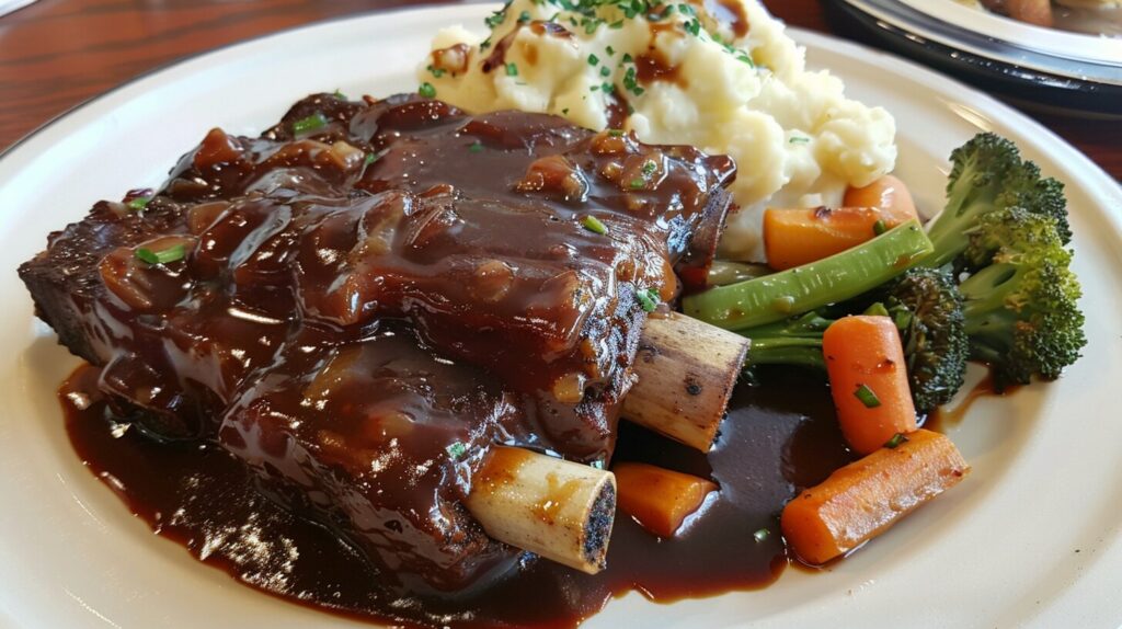 Plate of braised short ribs with mashed potatoes and vegetables.