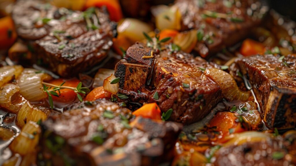 Boneless short ribs being braised in a Dutch oven with vegetables.