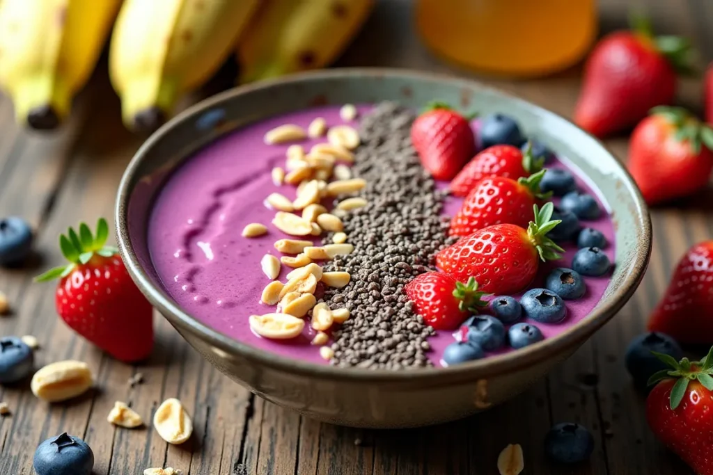 A vibrant smoothie bowl surrounded by fresh fruits and nuts.