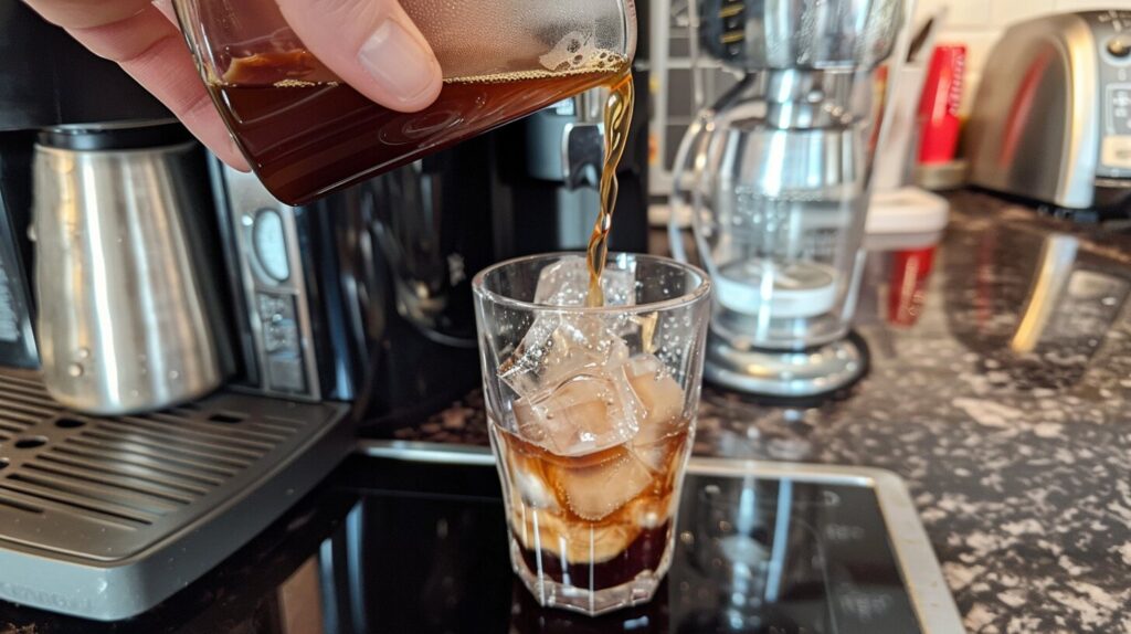 A person pouring espresso over a glass filled with ice cubes.