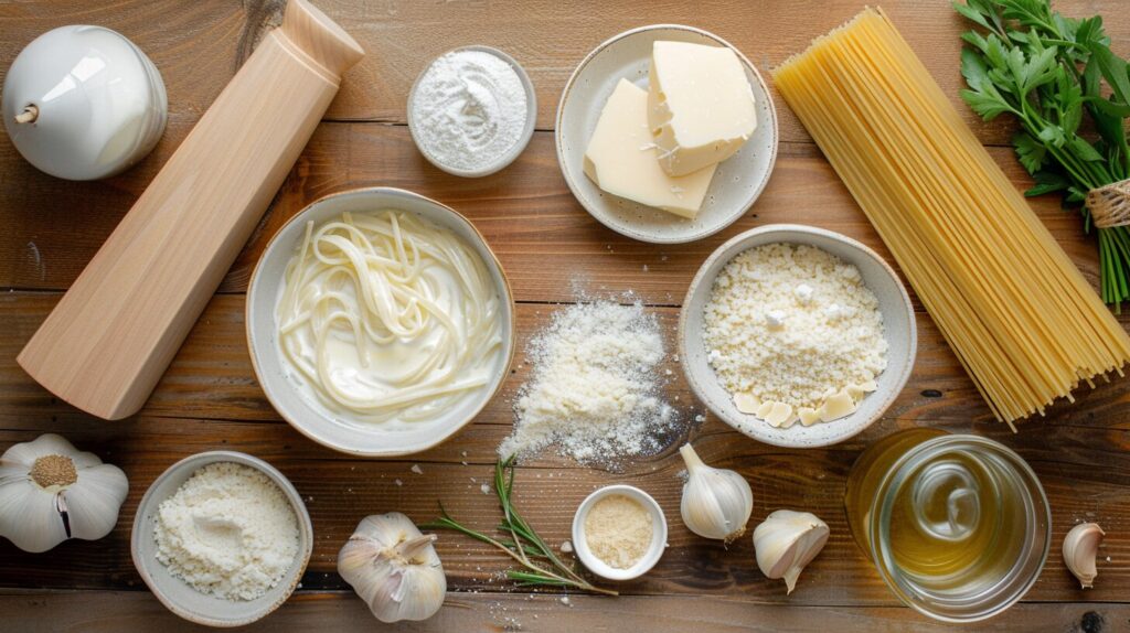 Ingredients for Cajun Alfredo sauce displayed on a wooden surface.