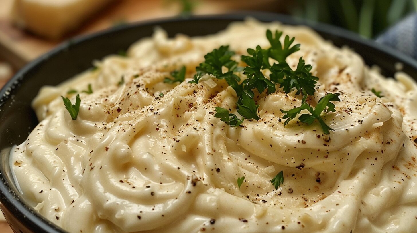 Cajun Alfredo sauce served over fettuccine in a white bowl.