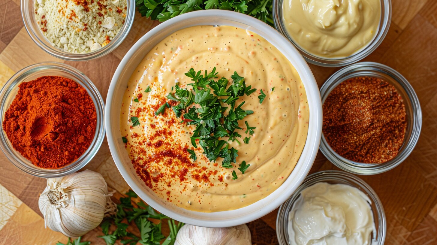 A bowl of creamy Cajun sauce surrounded by its key ingredients.