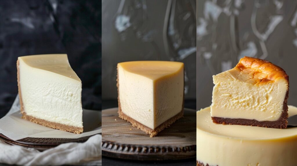 A comparison of cheesecake styles, from ancient Greek cheese and honey cakes to modern creamy cheesecake slices.