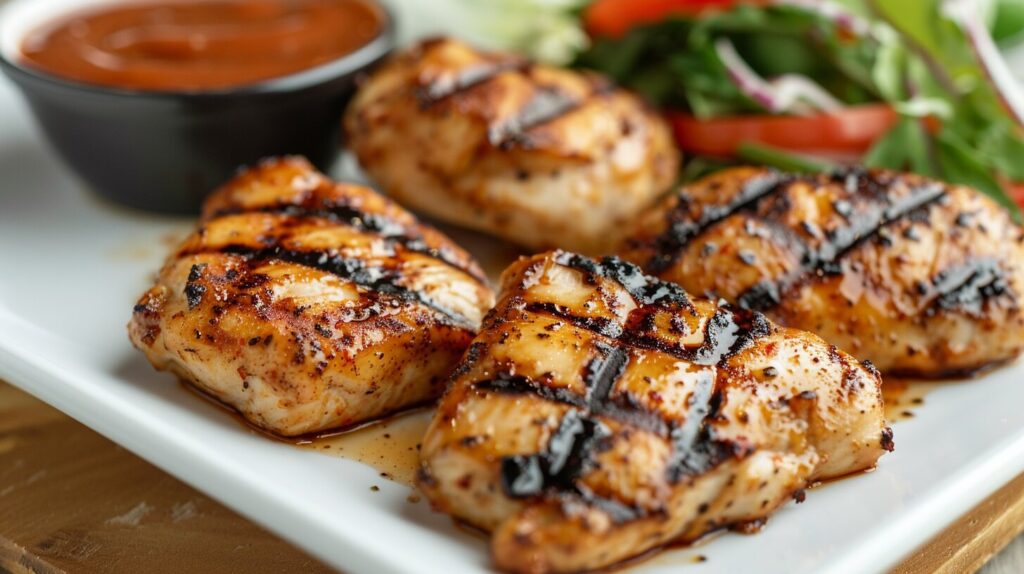 A professional chef grilling chicken nuggets on a clean grill with a drizzle of oil.